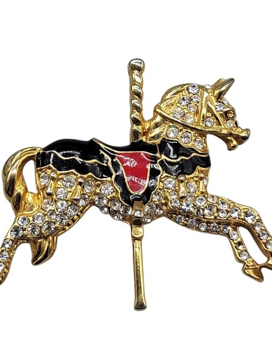 Unknown Jewelry - Carousel Horse Brooch Gold Plated Rhinestone Black Red Enamel Saddle Vintage